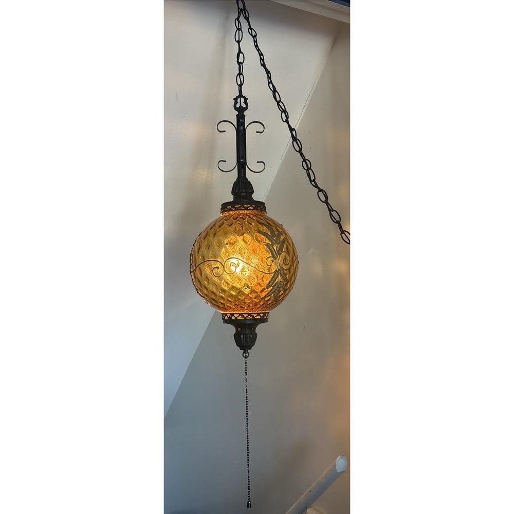 Vintage Large Amber Glass MCM  Hanging Swag Lamp Light W/ Chain